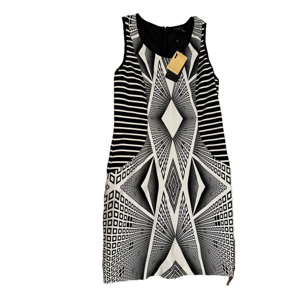 NWT $170 ALBERTO MAKALI Women's Op Art Geo Sleeveless Bodycon Sheath Dress L M‎